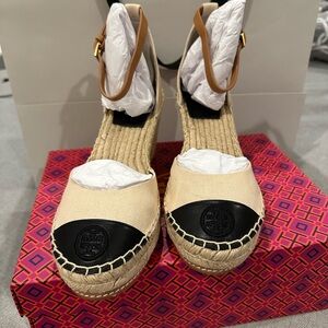 Moving sale. Tory Burch Beige Canvas Espadrille Wedge Sandals with Black Toe Cap